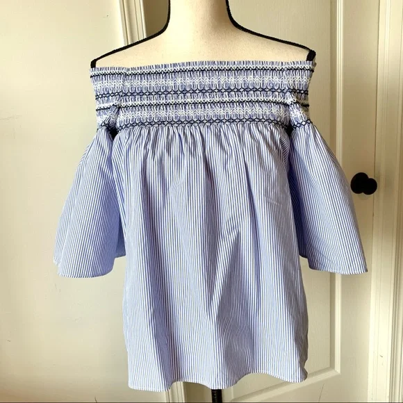 PARKER Smocked Pinstripe Off The Shoulder Top—SZ S - Picture 2 of 13